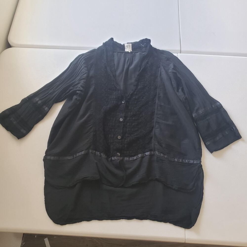 Whimsigoth Tiny Tunic Blouse Women XL Black Cotton Silk Lace 3/4 Sleeve Boho Top